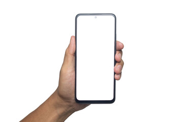 male hand holding smartphone with blank screen smartphone. isolated on white background. copy...