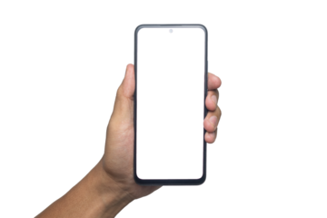 male hand holding smartphone with blank screen smartphone. isolated on white background. copy space. transparent png