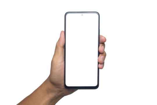 male hand holding smartphone with blank screen smartphone. isolated on white background. copy space. transparent png