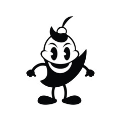 Black and white banana split mascot with cherry eyes and whipped arms.eps