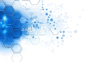 Obraz premium Abstract technology background. A digital illustration features overlapping, light-blue hexagons. Layered with a light-blue, dotted pattern, and a scattering of small, light-blue 