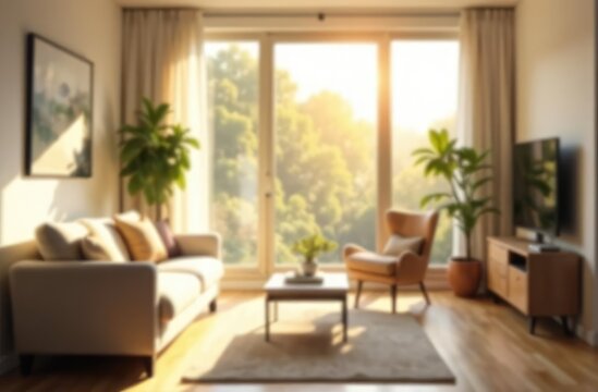 Blur living room at home with morning sunlight at big window for background usage. blur interior background