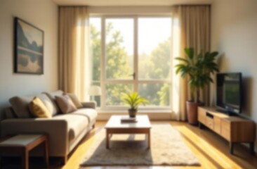Fototapeta premium Blur living room at home with morning sunlight at big window for background usage. blur interior background