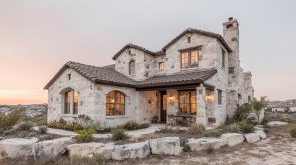 Luxury Stone Home Exterior Dusk  Hill Country  Texas Ranch Style Architecture