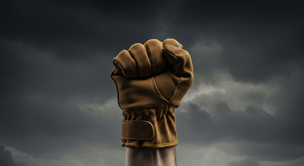 Fisted Hand Reaching Up Against Dramatic Cloudy Sky Background