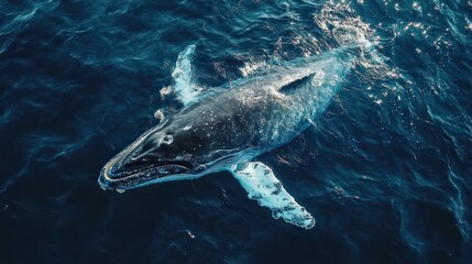 Fototapeta premium Aerial View of a Humpback Whale Gracefully Swimming in the Deep Blue Ocean