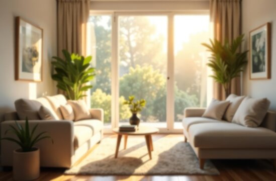 Blur living room at home with morning sunlight at big window for background usage. blur interior background