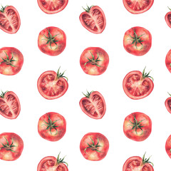 Red tomatoes vegetables watercolor seamless pattern. Whole and half sliced ripe fruit with stalk. Hand drawn realistic illustration. Healthy food fabric, kitchen wallpaper. Isolated from background