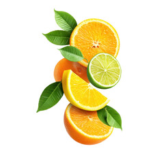 Fresh citrus fruit composition with oranges, lime and leaves on a white background. Healthy food concept.