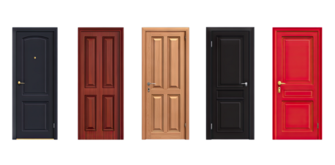 five distinct doors in various colors and styles showcasing options for home or office entryways each door has a unique design highlighting aesthetic diversity