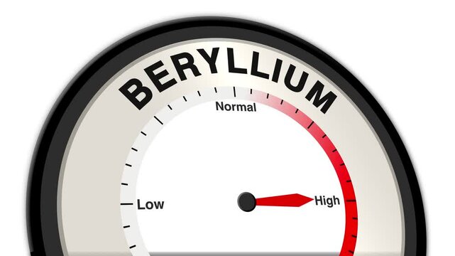 Beryllium text or word displayed with a barometer or tachometer-style gauge showing levels from low to normal to high, symbolizing its environmental and health concerns