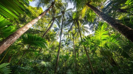 Fototapeta premium Exploring Tropical Rainforest Canopy with Palm Trees and Lush Greenery