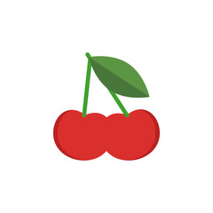 Two cherry together. A pair of large cherries with a leaf. Vector illustration on white background.	
