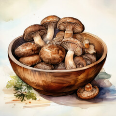 beautiful watercolor painting showcases bowl filled with various mushrooms, highlighting their unique textures and earthy tones. artwork captures essence of nature bounty and evokes sense