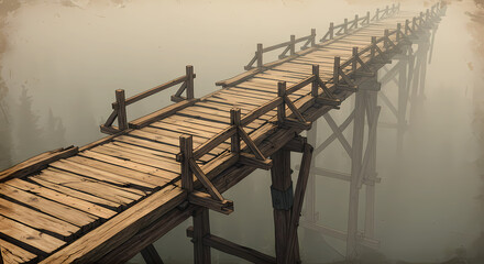 Naklejka premium A floating bridge fragment ending in mid-air, foggy background