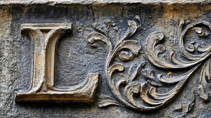 Close up of a stone carving of the letter l with floral design on a textured gray background