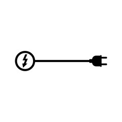 Electric plug with long wire, cord and lightning bolt, current and voltage symbol. Vector illustration on white background.
