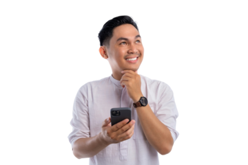 Smiling Asian Muslim man using smartphone, looking away, ordering food online in app isolated on transparent background