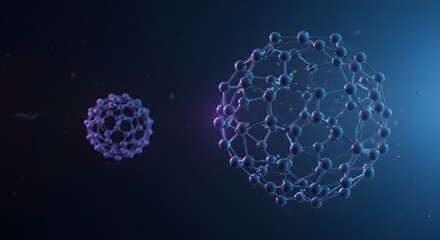 Visualization of a carbon nanostructure molecule (fullerene) in a futuristic style, spinning in digital vacuum space