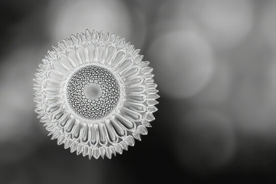 Intricate, glass-like diatom resembling a sunflower, showcasing radial symmetry and complex cellular structure.