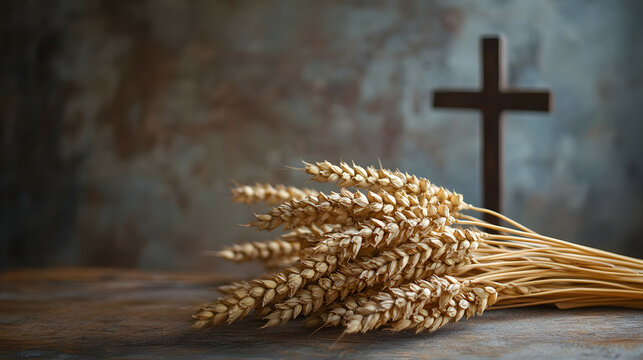 A scene of a cross standing next to an ear of wheat