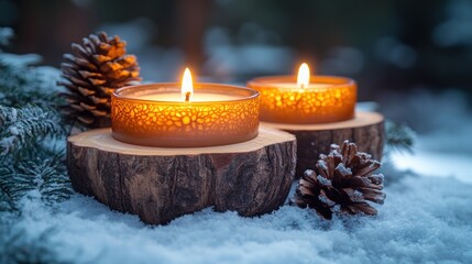 Winter Wonderland: Two Candles on a Snowy Wooden Log