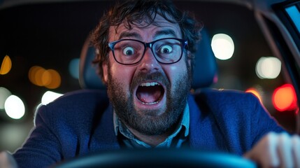 Excited driver experiencing thrill at night while gripping steering wheel in urban setting