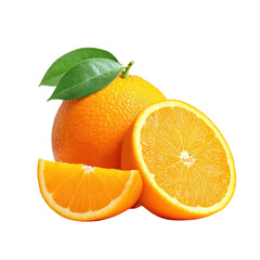 Fresh oranges with leaves, one cut in half and a slice. Healthy fruit concept.