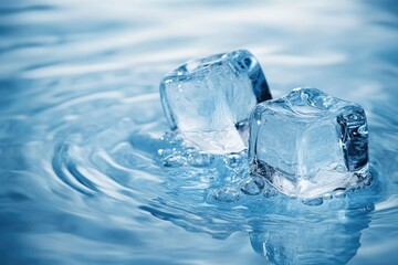Two ice cubes melting in cool, refreshing water, creating ripples and bubbles.