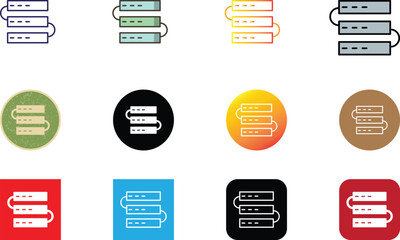Modern server icon set in flat, outline, and colorful styles. Includes data storage, server rack symbols, perfect for hosting, cloud computing, and tech-related user interface designs.