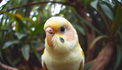 A hyper-realistic, close-up front view, animal selfie, symmetrical close-up shot of budgerigar in a jungle captured through an anamorphic lens.