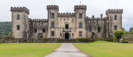 Fototapeta premium Stone castle, green lawn, path, hills. Historic site