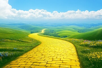 Winding Yellow Brick Road Through Rolling Green Hills Under Bright Blue Sky