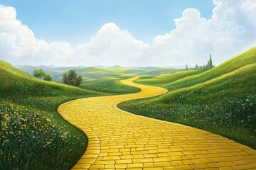 Walking the Yellow Brick Road Through Emerald Green Fields Illustration