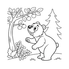bear in winter forest coloring book page vector illustration