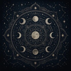 Spiritual mandala with celestial elements like the moon phases