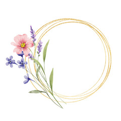 Flowers gold wreath. Watercolor hand painting floral frame with place for text with bouquet. Isolated on white background.	