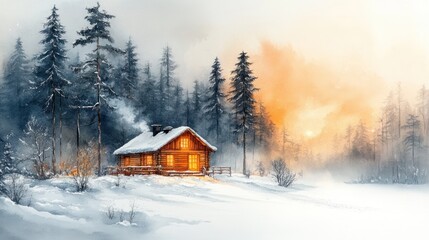 Cozy cabin in snowy forest at sunset with warm glow