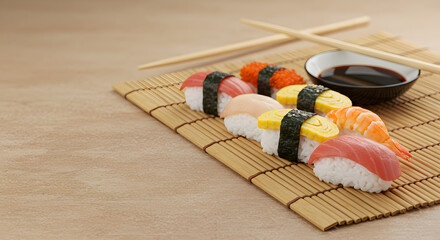 Classic Japanese Sushi Selection with Fresh Fish and Tobiko Served on a Bamboo Mat