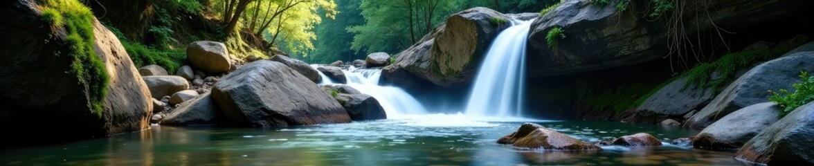 Waterfall cascading into a stream in a rocky gorge, rocky, cascade, water