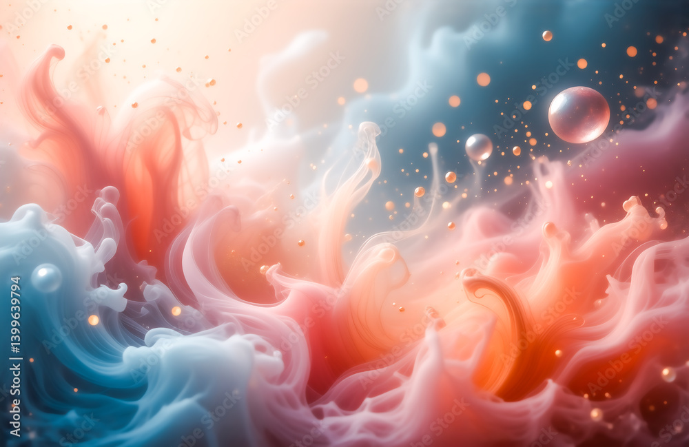 Poster Abstract image of swirling, vibrant pink and blue hues, reminiscent of a nebula or underwater scene.  Glimmering particles add depth and luminosity.