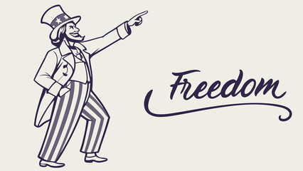 Line Art Uncle Sam with Freedom Script Text Illustration