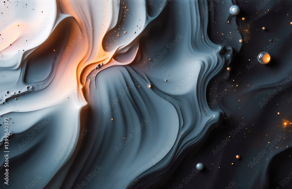 Aufkleber abstract swirling forms in shades of gray, white, and orange. small, luminous spheres are scattered 
