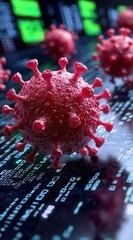 Detailed close-up of a virus model on a digital background, representing health issues and scientific research.