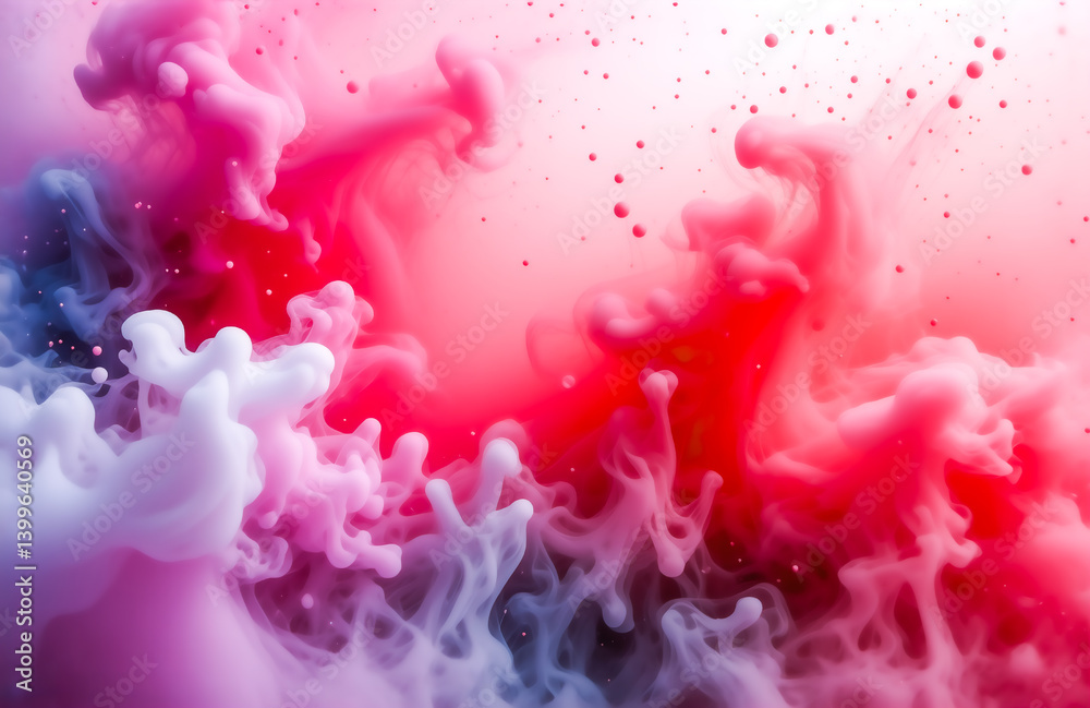 Poster abstract image of swirling pink, red, and white paint or ink underwater, creating a vibrant, dynamic