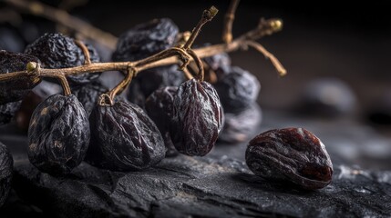 Close-up of wrinkled raisins, dark and sweet, a cluster of naturally dried grapes - fall healthy cooking
