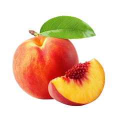 Fresh peach with a slice and leaf isolated on white background. Concept of healthy eating, summer fruits, and natural food.