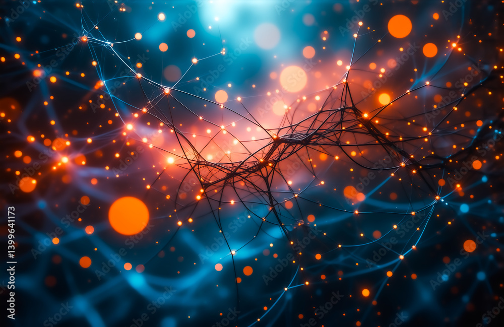 Poster intricate network of glowing branches and nodes, illuminated by vibrant orange and blue bokeh. a mes