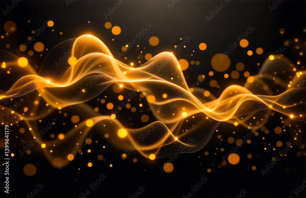 Aufkleber Golden, glowing waves flow across a dark background, shimmering with sparkling particles.  The image evokes luxury and elegance.