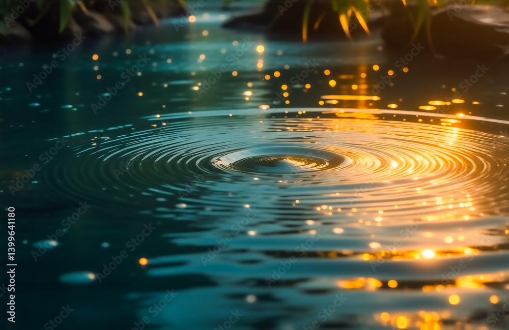 Poster Golden sunlight dances on the surface of a tranquil pond, creating concentric ripples from a central point.  The water shimmers, reflecting the warm light.